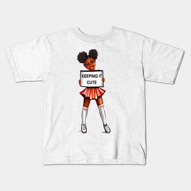 black anime girl cheerleader #002 with Afro hair in puffs, dimples, brown eyes and dark brown skin side profile. Hair love ! Kids T-Shirt by Artonmytee